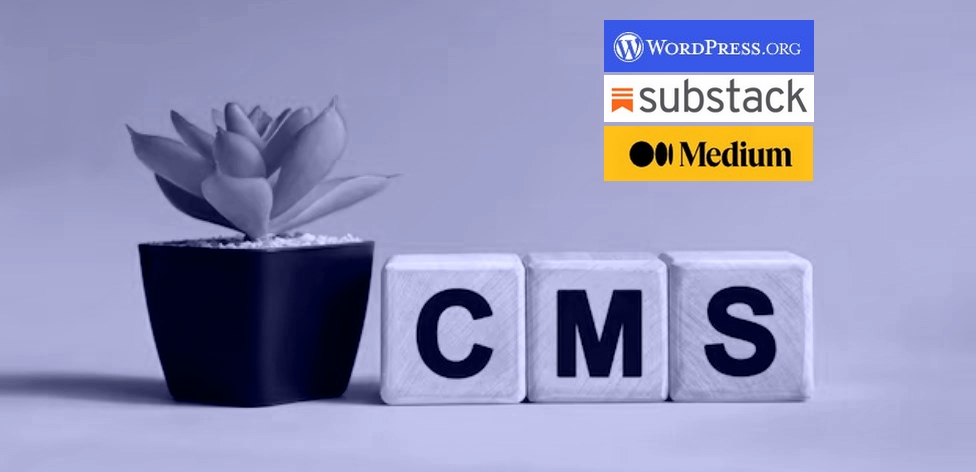 “CMS” text on wooden cubes in the yellow background, with potted plant and WordPress, Substack, and Medium logos