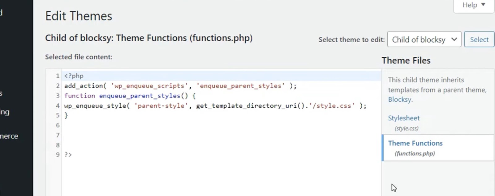 Screenshot of a WordPress theme editor showing PHP code