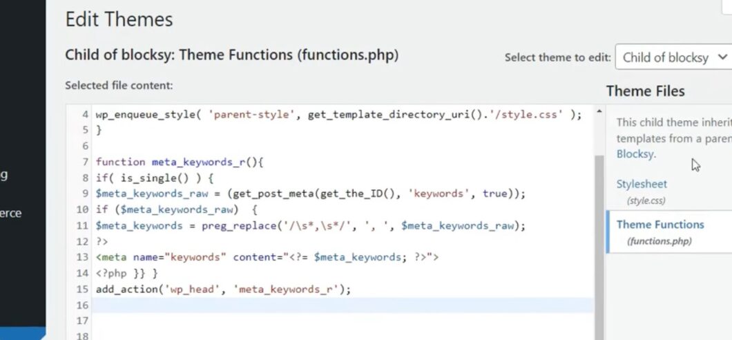 Screenshot of WordPress theme editor with PHP code for a function 'meta_keywords_r'