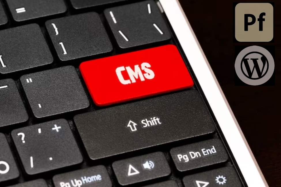 A keyboard with a red “CMS” button, with Adobe Portfolio and WordPress logos