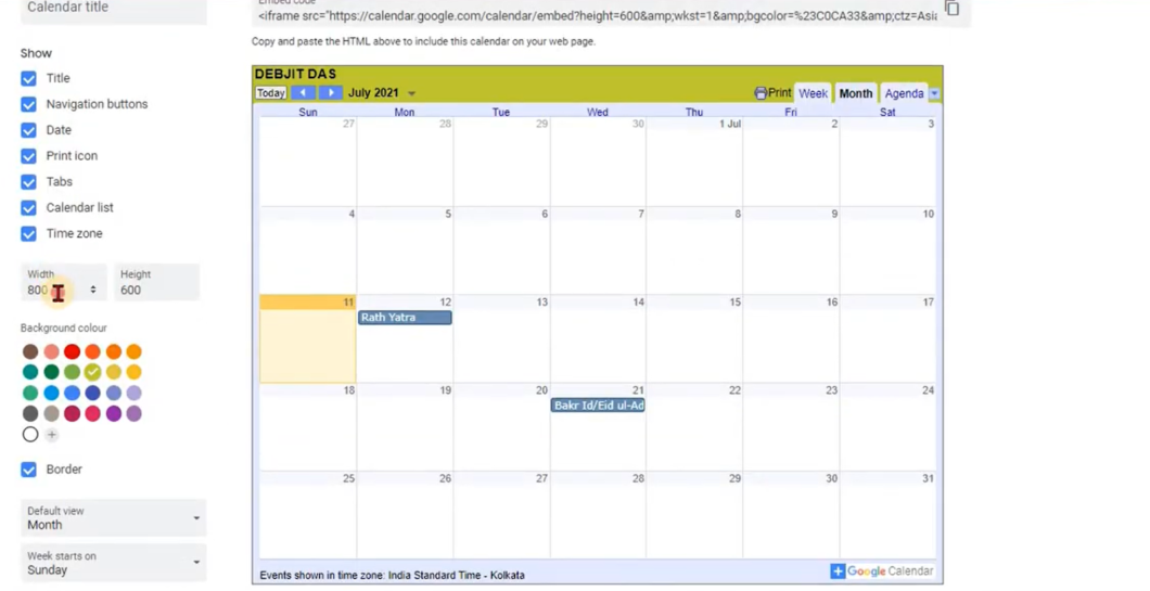 A Google Calendar interface with options for customization and embedding