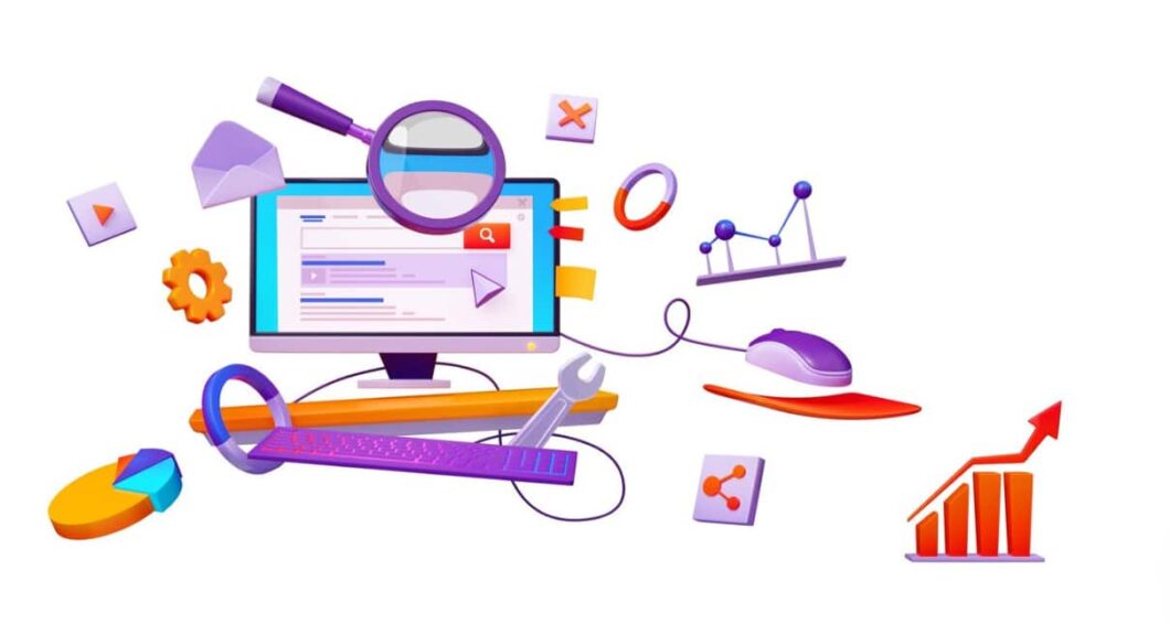 A stylized desktop with colorful SEO and web development icons