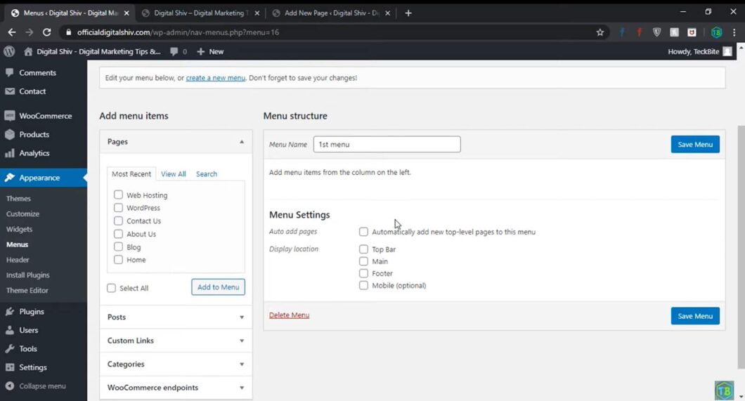 A screenshot of a WordPress menu editing page in the admin dashboard