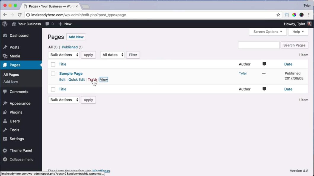 A screenshot of a WordPress dashboard highlighting the 'Trash' option for a page