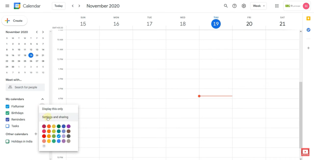 A Google Calendar settings menu with options for calendar sharing