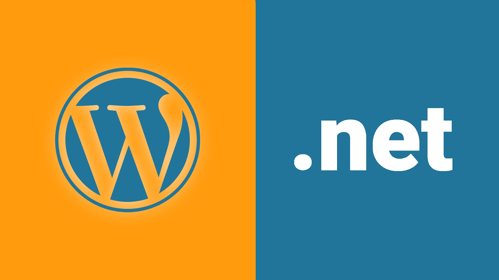 ASP net vs WordPress emblem on orange and blue backgrounds