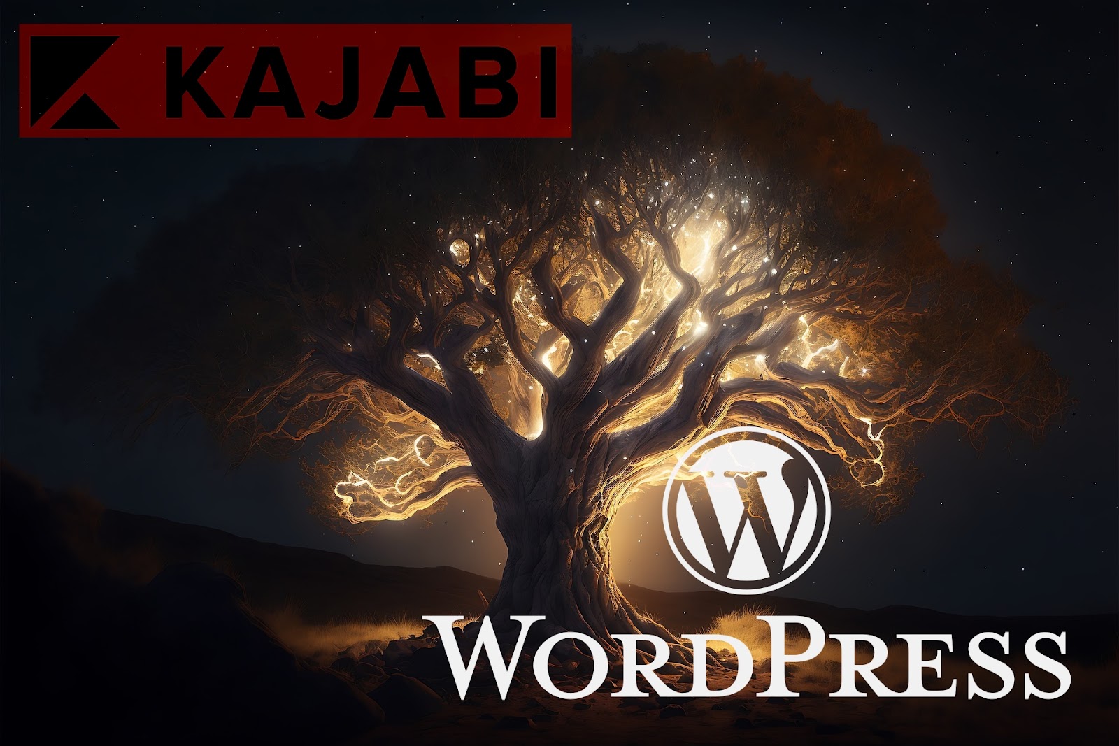 KAjabi and WordPress logos with a beautiful AI-generated tree in the background