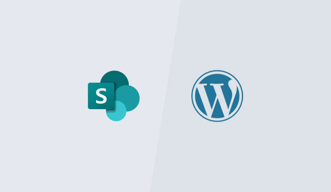 Sharepoint and WordPress emblems on a gray background