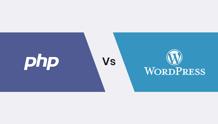 PHP vs WordPress, two labels on a blue and blue background
