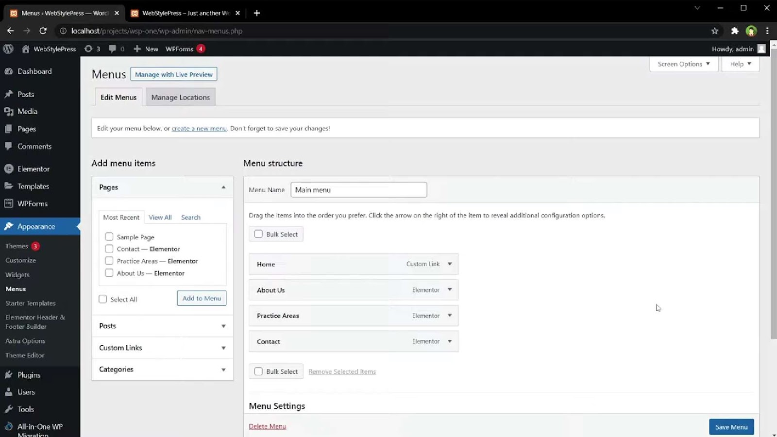 WordPress interface