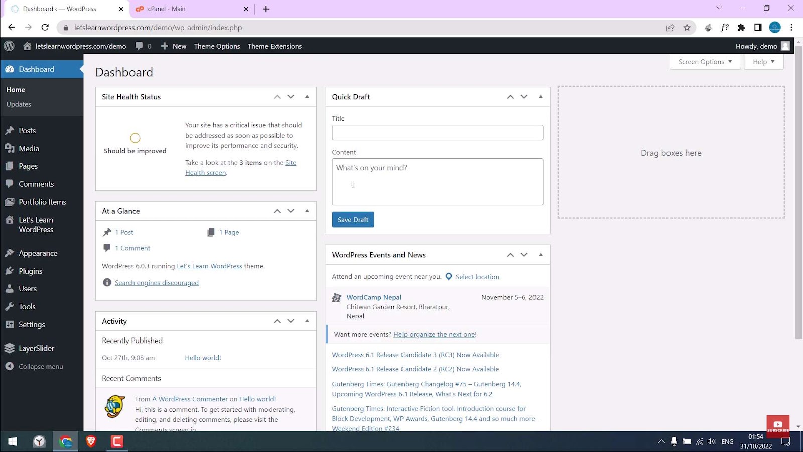 WordPress dashboard